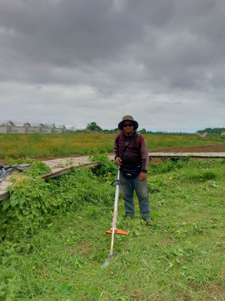 Devid Hoeur holding a grass cutter in a green field, preparing the land at Dream Garden in Kratie province.