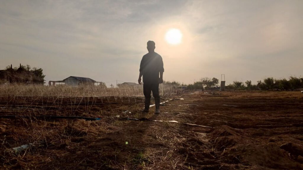 Silhouette of the garden owner standing in a plowed field testing a newly installed water irrigation system at sunset.