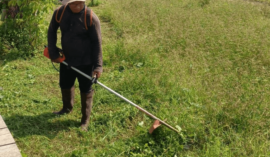 A person wearing a wide-brim hat and safety boots uses a string trimmer (weed whacker) to maintain grass next to a rustic wooden boardwalk winding through a garden field.