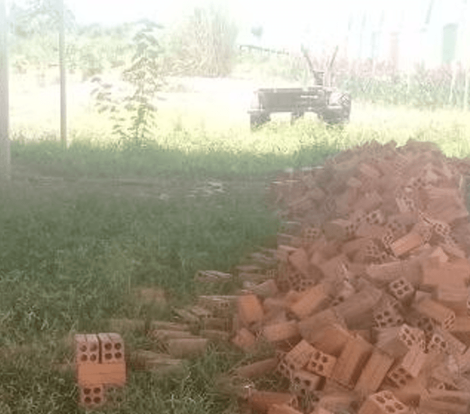 A large, disordered pile of standard red clay bricks lying on green grass, ready for a landscaping project.