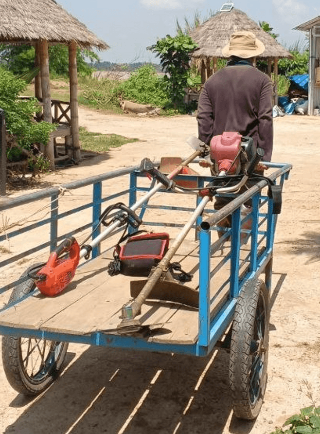 A worker pushing a blue metal handcart loaded with weed whackers and brush cutting tools at a flower garden.