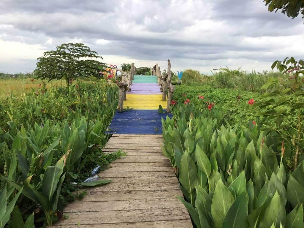 A wooden garden walkway with sections painted in vibrant blue, yellow, purple, and green