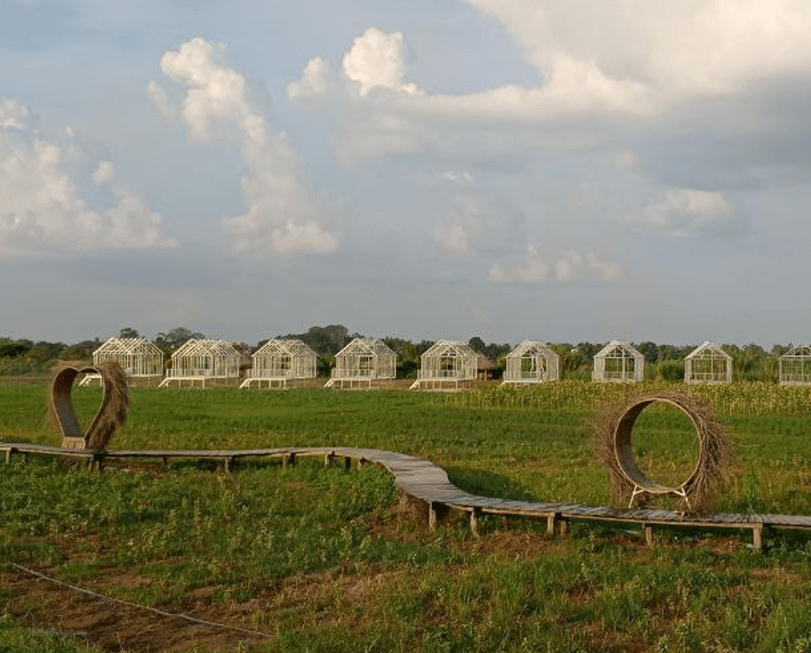A row of raised steel frames being constructed for glamping tiny homes in a green field.